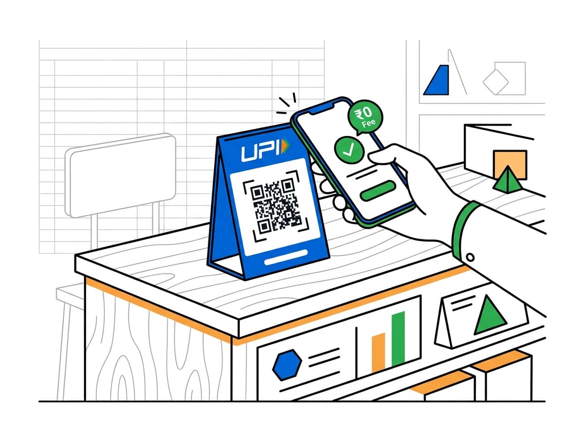 Customer scanning tabletop UPI QR standee on a retail checkout counter